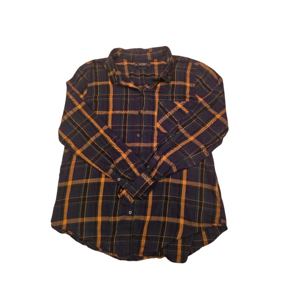 Lucky Brand Mens Classic Fit Plaid Flannel Shirt Navy Blue Orange Large AG00935